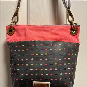 Fossil Coral and Gray Polka Dot Canvas Shoulder/Crossbody Bag
